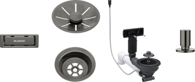 BLANCO Pribor SATIN DARK STEEL InFino set 1x3,5" (čašica, InFino ukrasna rozeta, C-overflow preljev komplet), s dalj.upr. okrugli podizač SATIN DARK S